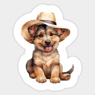 Watercolor German Shepherd Dog in Straw Hat Sticker